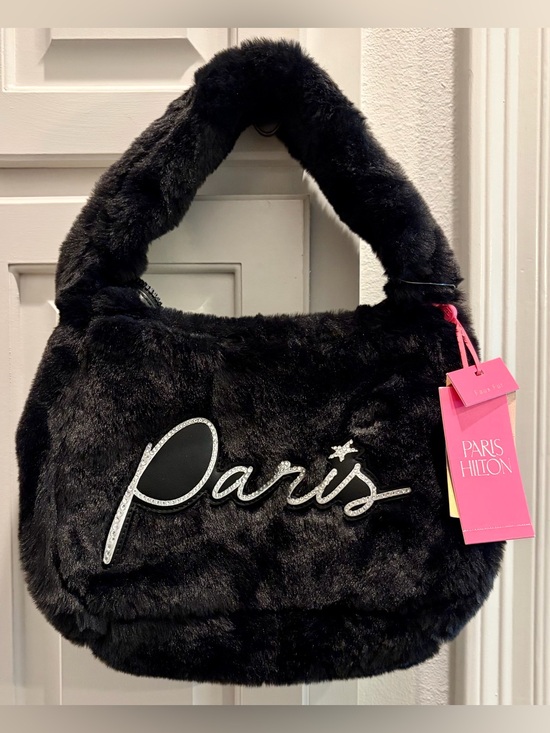 Paris Hilton Handbags - NWT PARIS HILTON Black Faux Fur Shoulder Bag with Rhinestone Script Logo